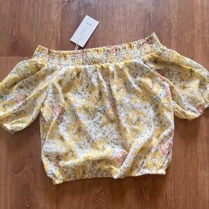 Joie Yellow and Blue Smocked Off-Shoulder Puff Sleeve Blouse